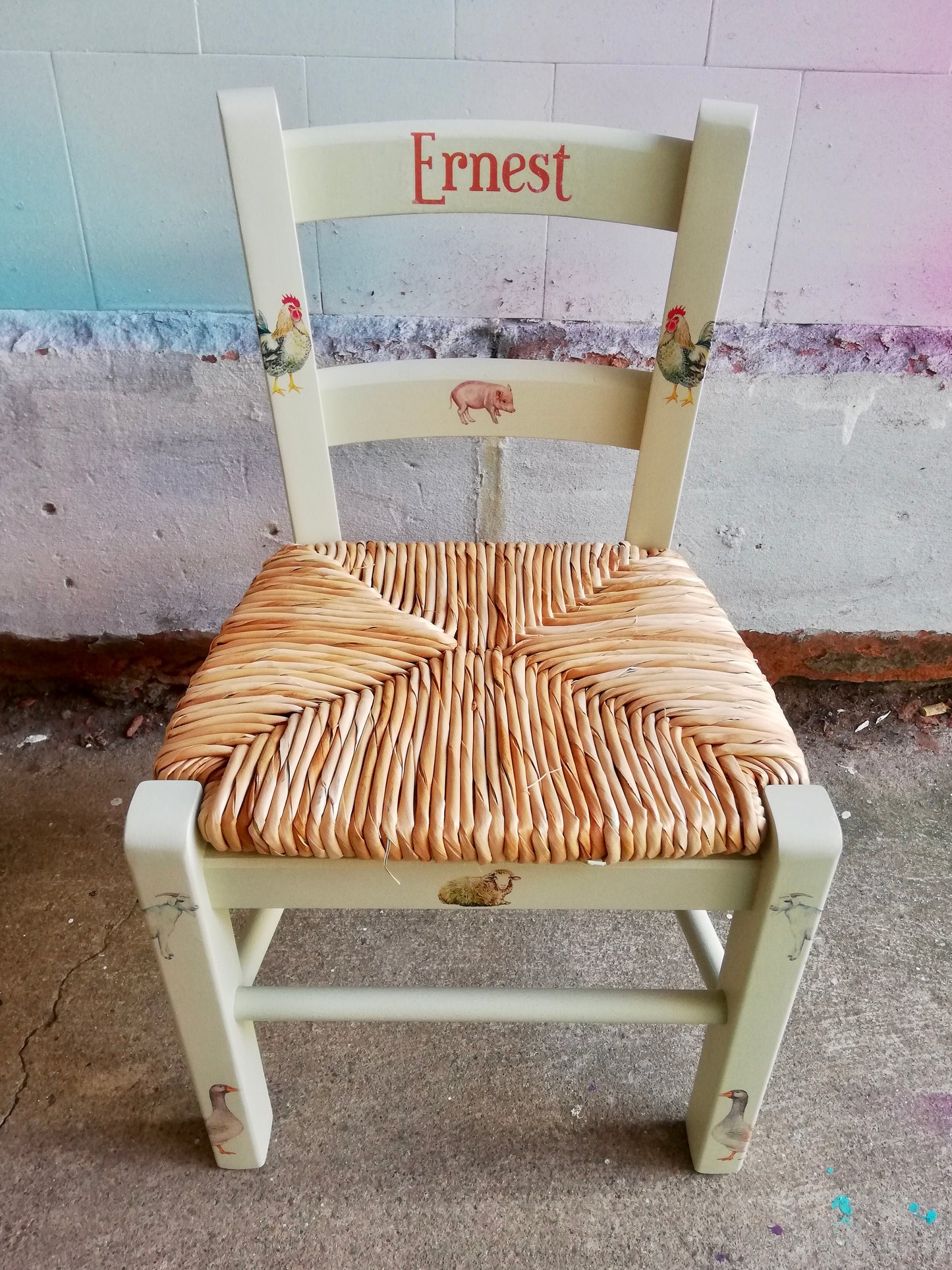 Rush seat personalised children's chair - Farm Friends theme - made to order
