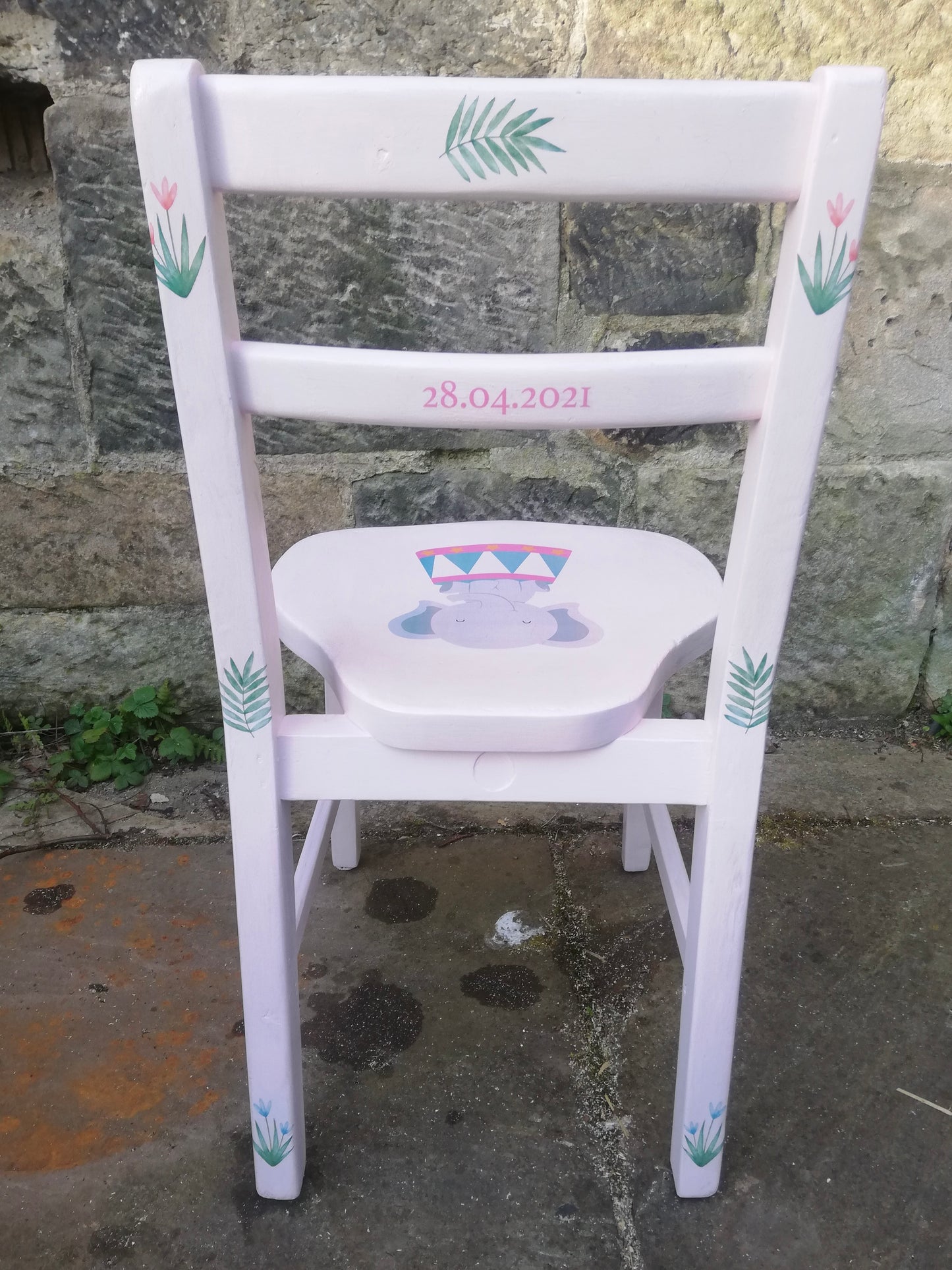 Children's personalised upcycled  wooden school chair - elephant and flowers theme
