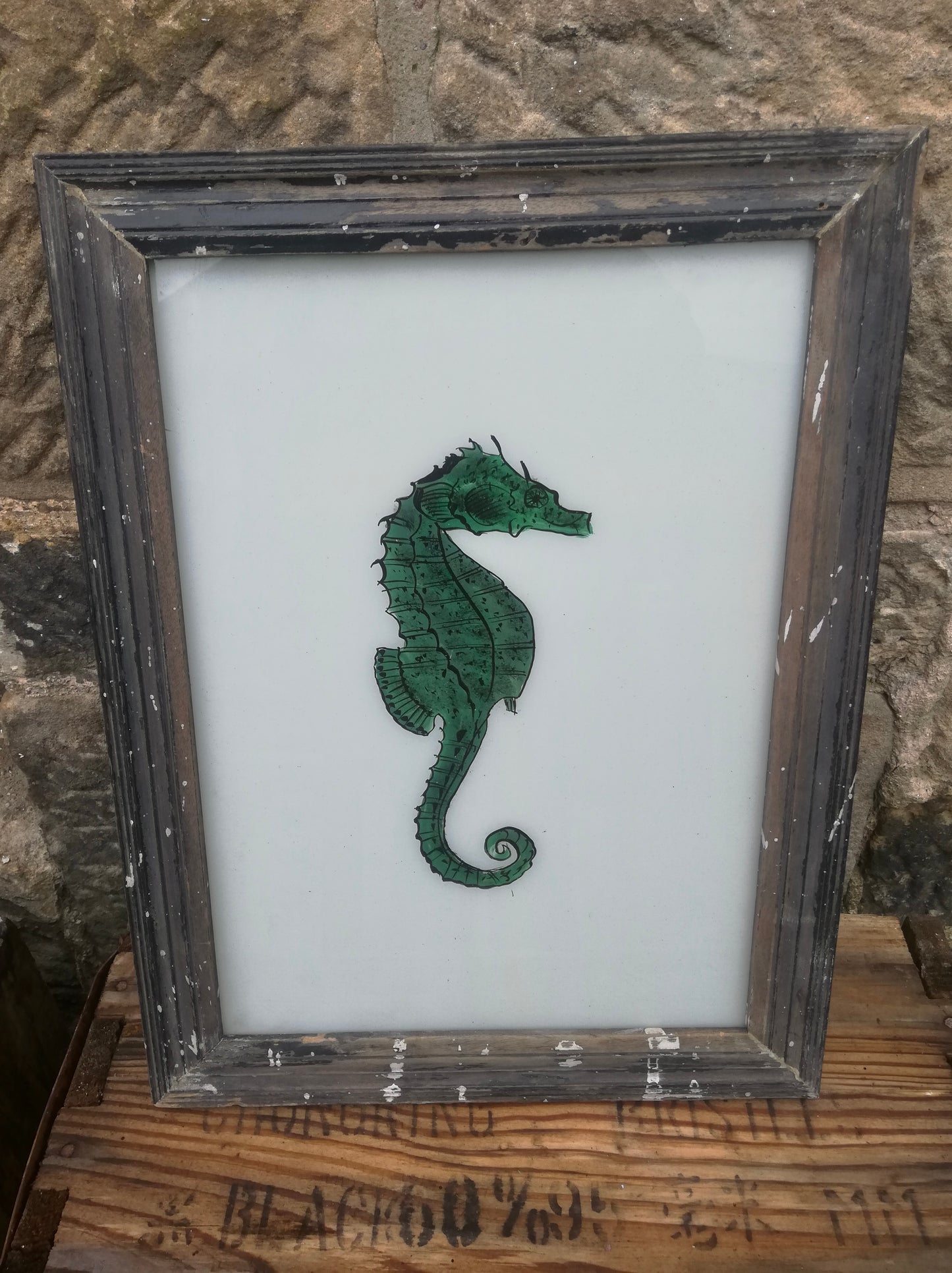 Large Vintage glass painting of a seahorse