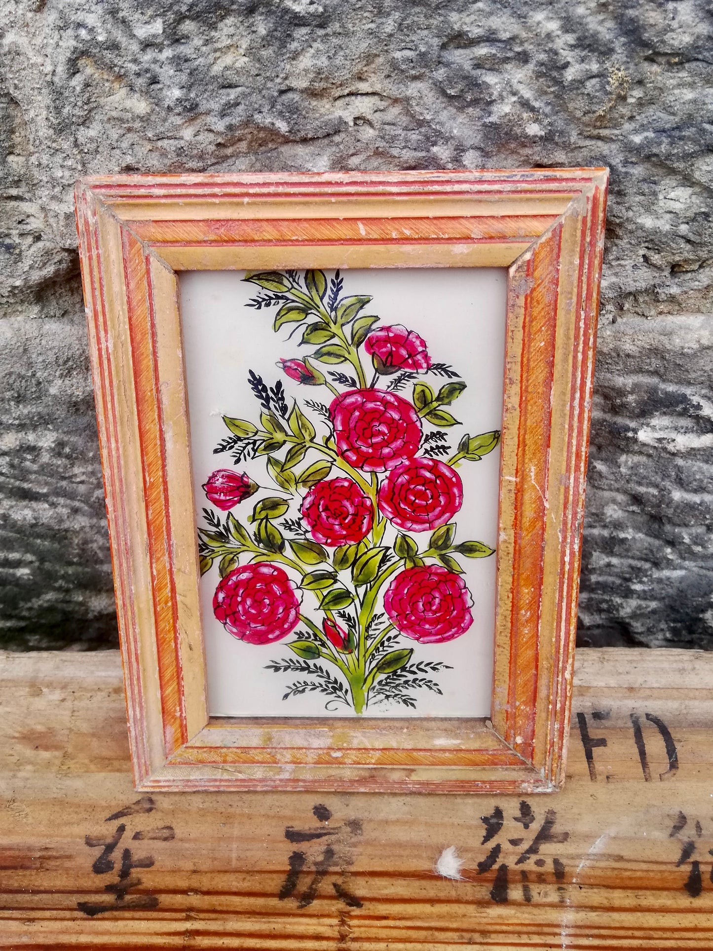 Vintage glass painting of pink flowers in a beautiful original frame