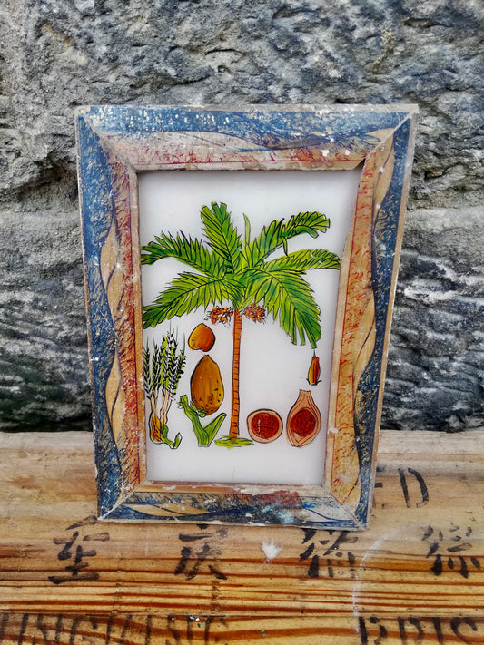 Vintage glass painting of a tropical scene in a beautiful original frame