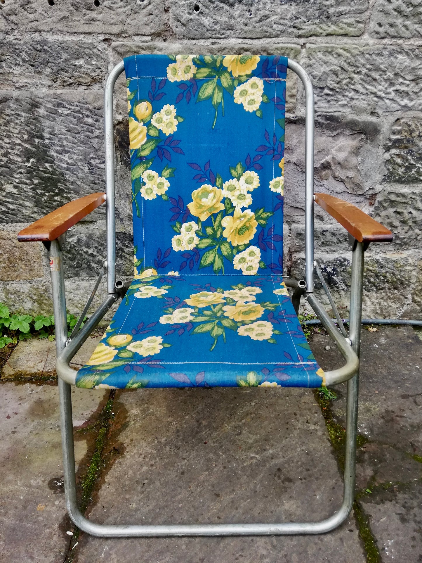 Vintage floral  folding barkcloth camping / garden chairs