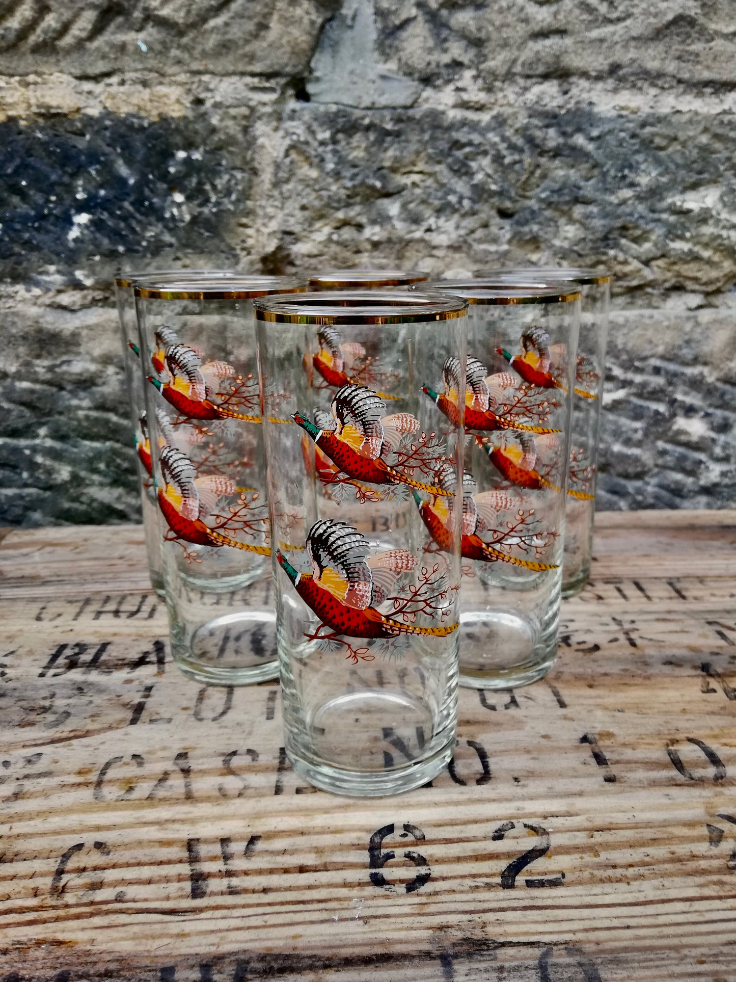 Set of 6 vintage glass pheasant tumbler drinking glasses