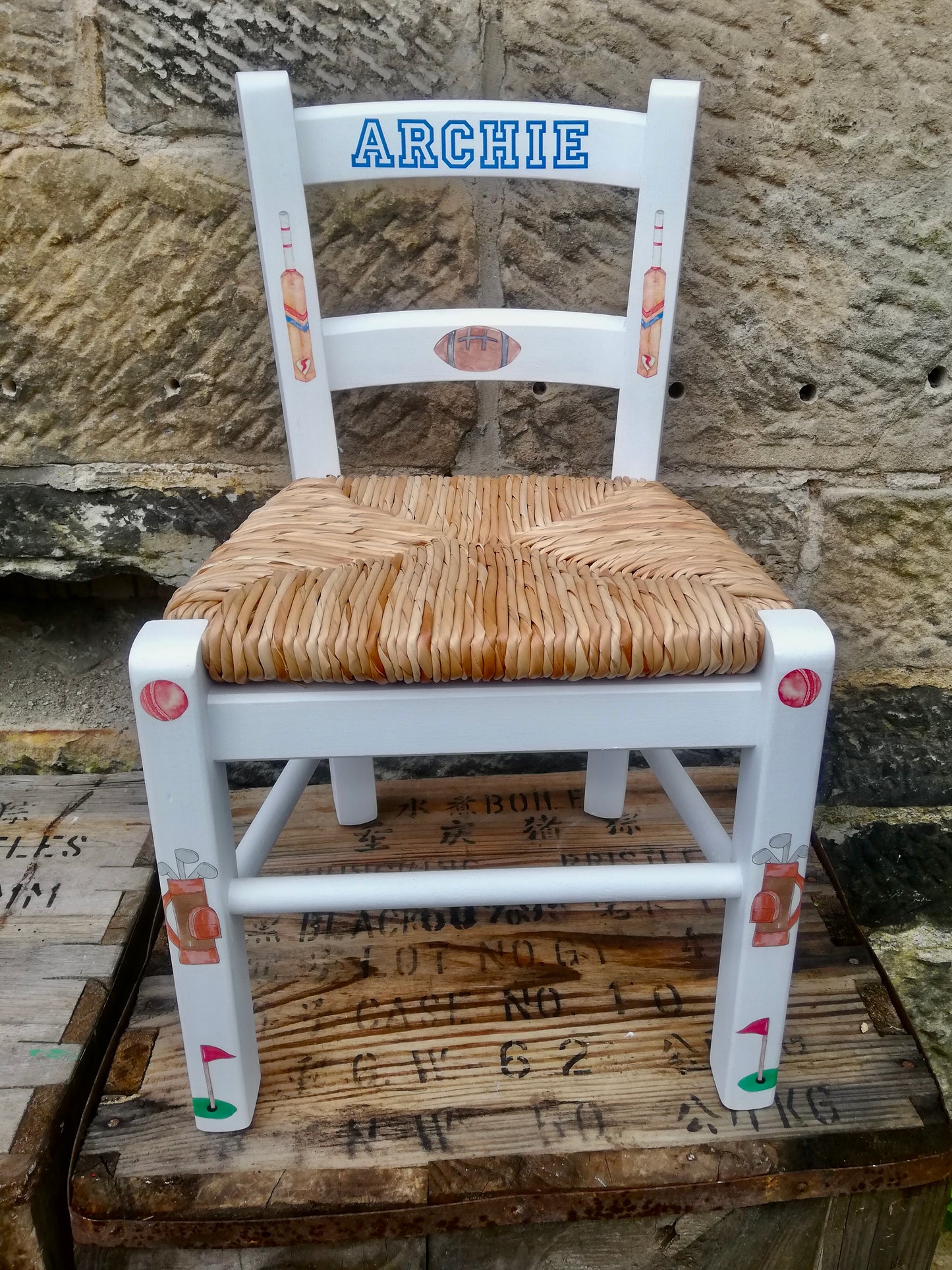 Rush seat personalised children's chair - Sport fan theme - made to order