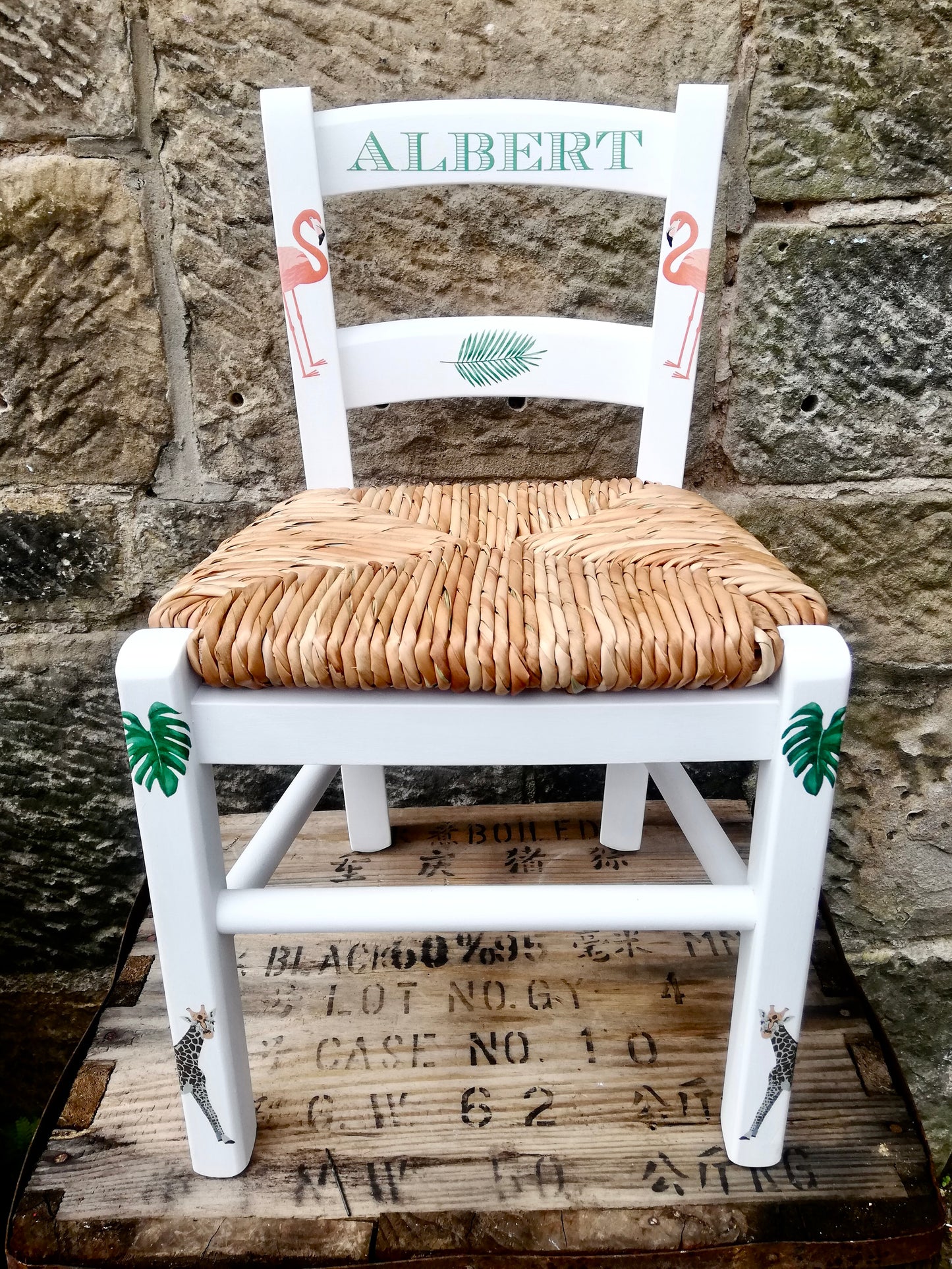 Commission personalised rush seat children's chair with jungle theme