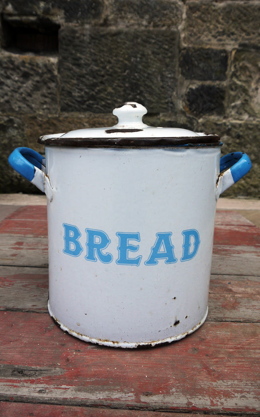 Lovely large vintage blue and white enamel bread bin