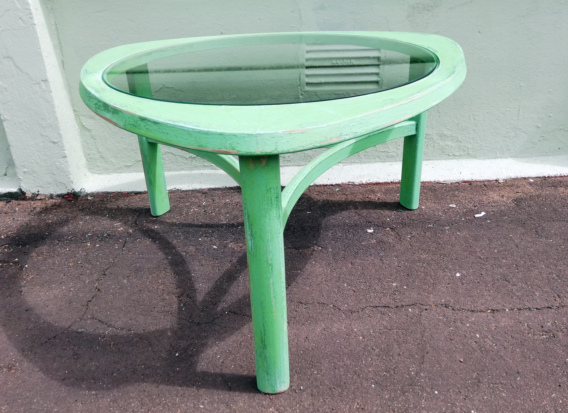 Mid Century Glass Coffee table painted and distressed in layers of green
