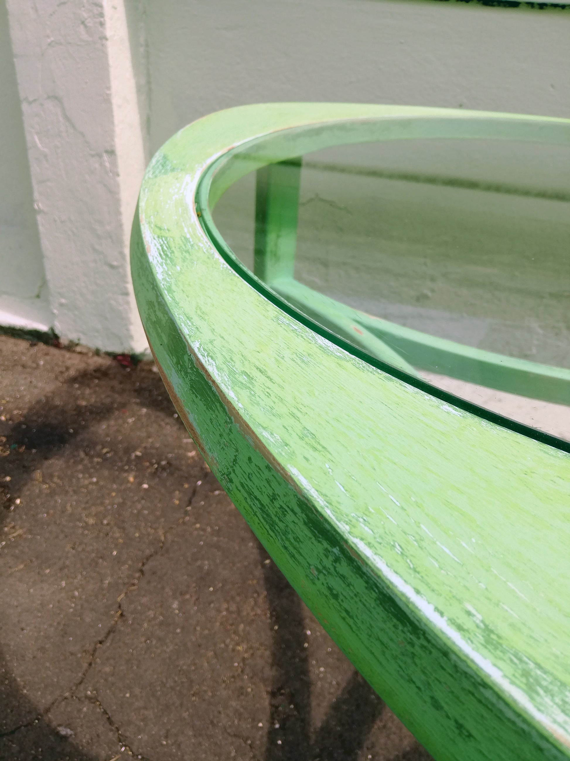 Mid Century Glass Coffee table painted and distressed in layers of green