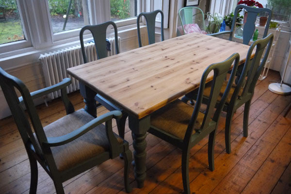 refurbished dining table and 6 upholstered dining chairs