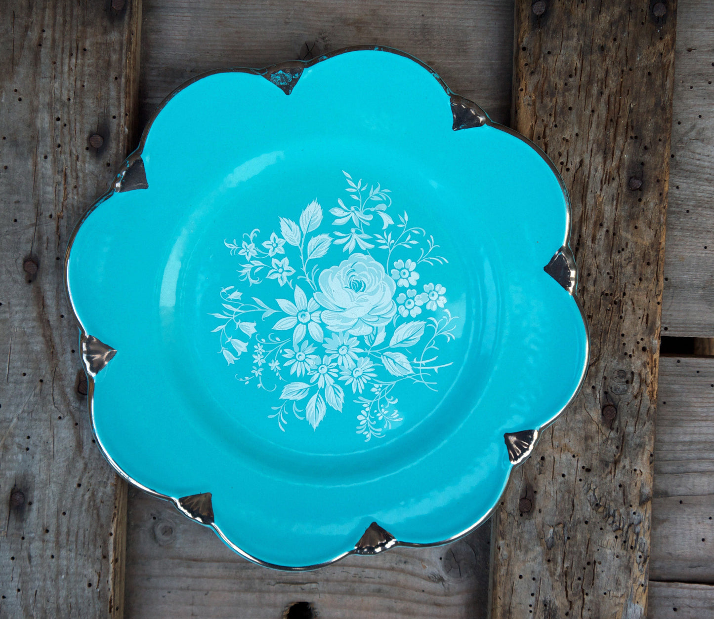 Vintage turquoise blue and white floral side plate