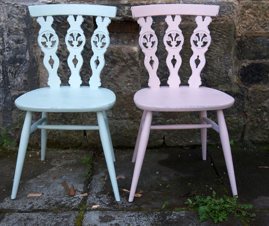 2 x mismatch vintage ercol fleur de lys dining chairs