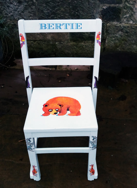 Personalised shabby chic upcycled vintage school chair with vintage zoo theme