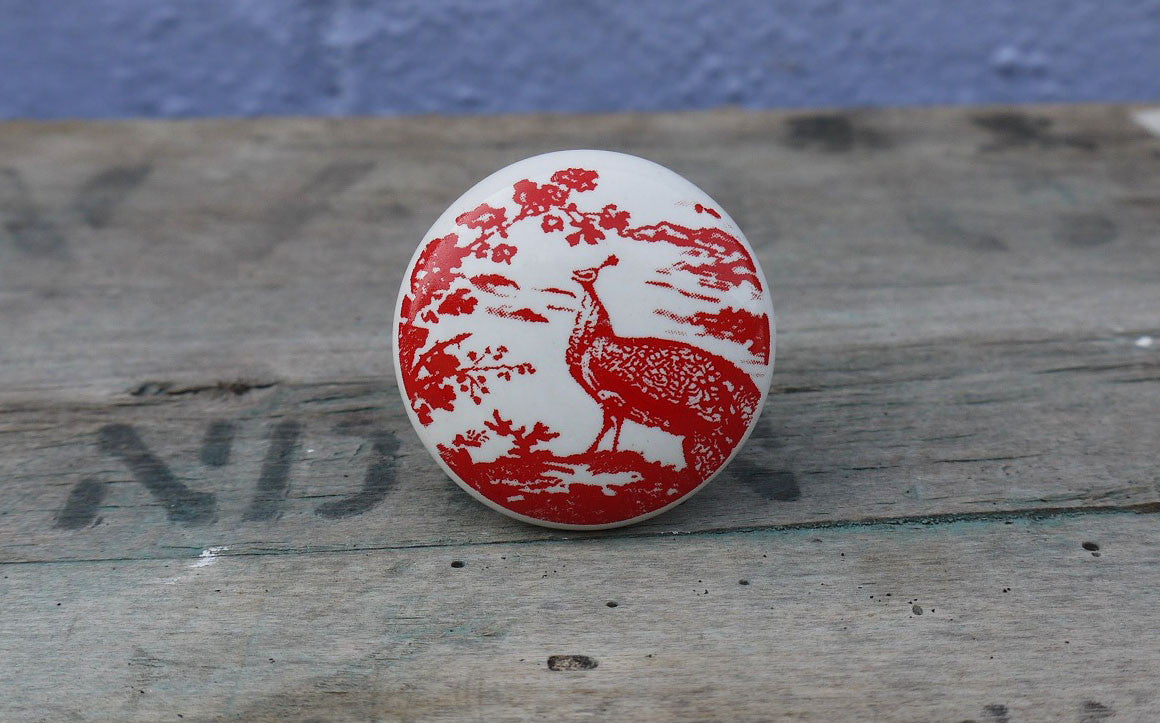 Red and White Ceramic Peacock Knob furniture handle