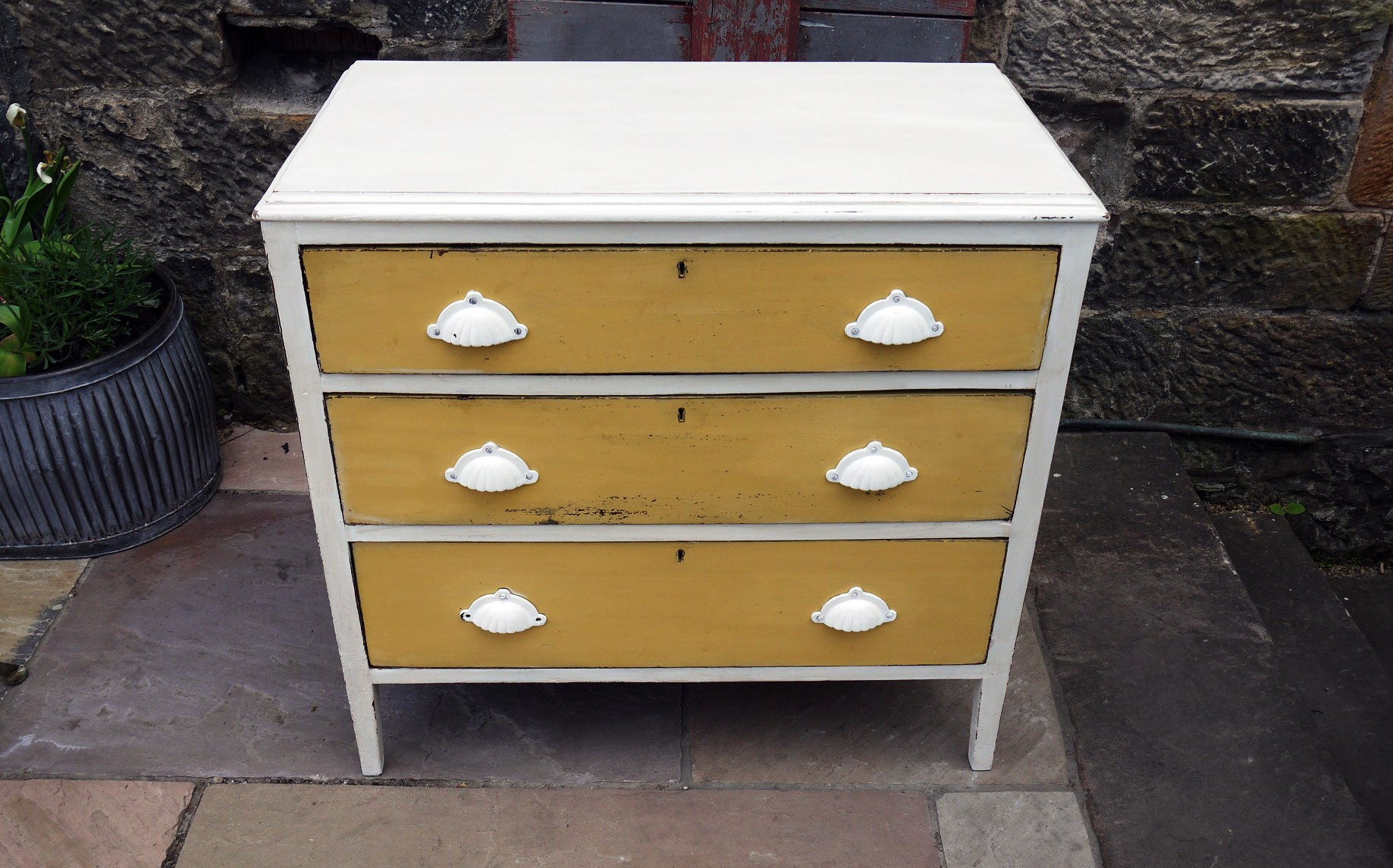 Refurbished vintage chest of drawers in Miss Mustard Seed Milk Paint with white handles