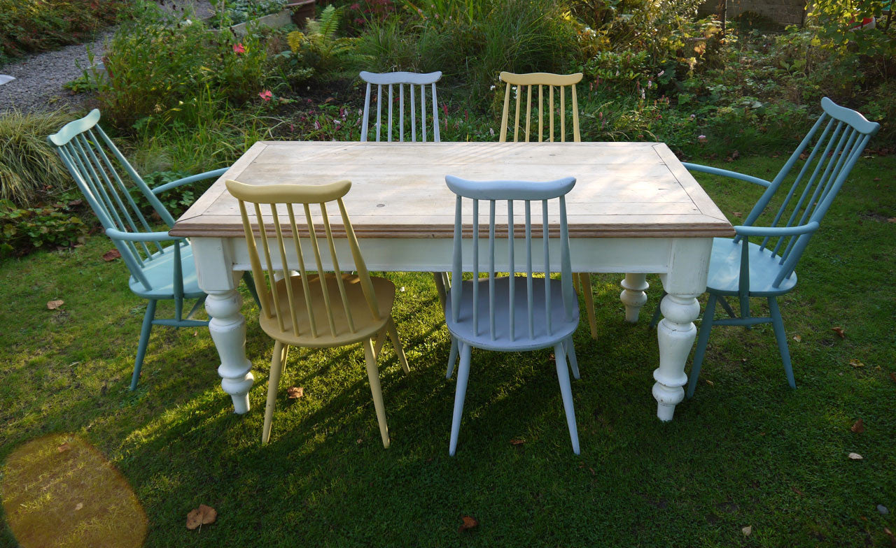 refurbished Farmhouse dining table and 6 Ercol Goldsmith chairs