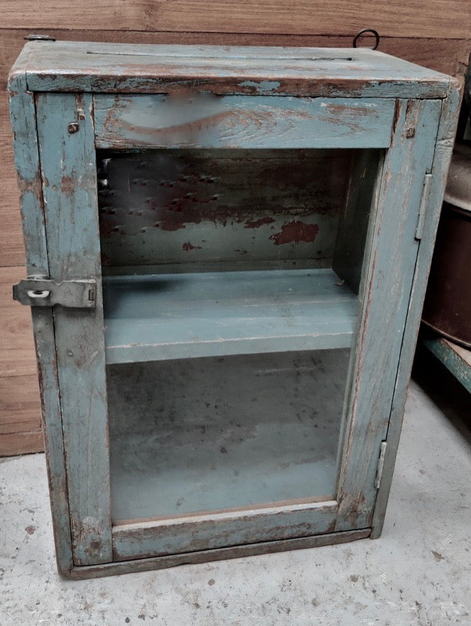 Beautiful antique teak painted glass fronted Indian wall cabinet with original chippy paint
