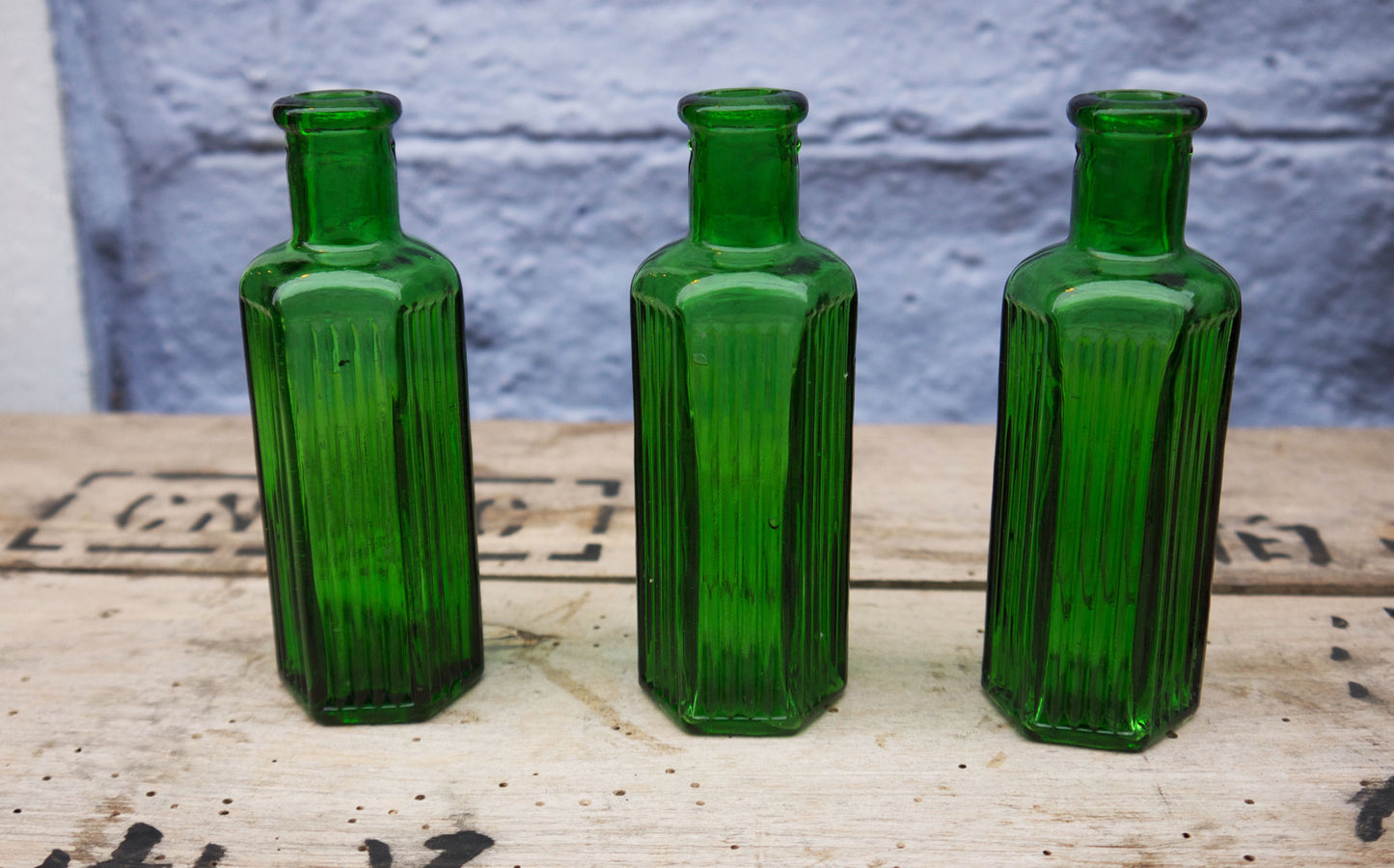 Set of 3 super cute miniature  vintage green glass apothecary bottles