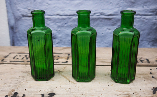 Set of 3 super cute miniature  vintage green glass apothecary bottles