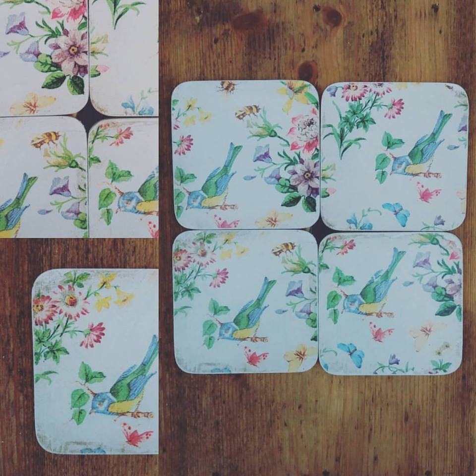Set of 4 upcycled vintage coasters with cute floral bird design