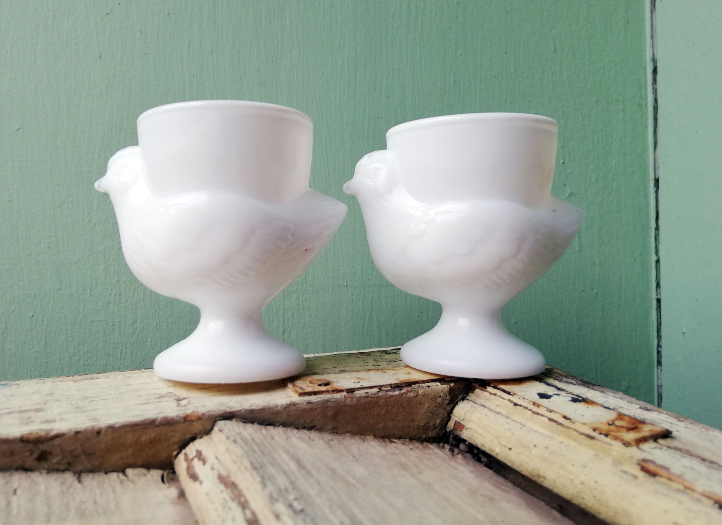 Set of two french vintage milk glass chicken egg cups