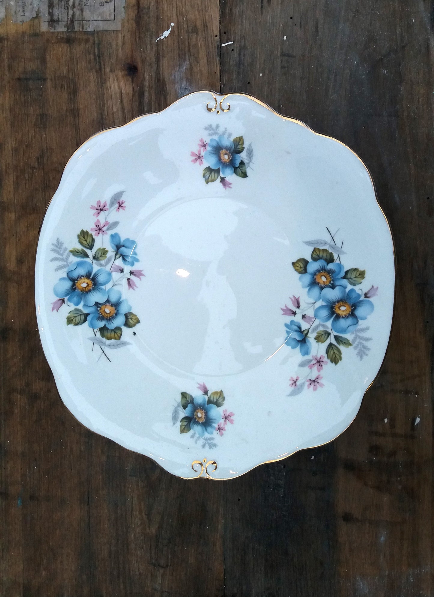 Shabby chic dinner plate with floral blue wild rose design in fine english bone china from Emily Rose Vintage