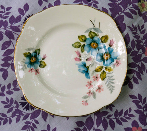 Shabby chic teacups and side plates beautiful set of 4 blue wild rose fine english bone china tea cups by Emily Rose Vintage