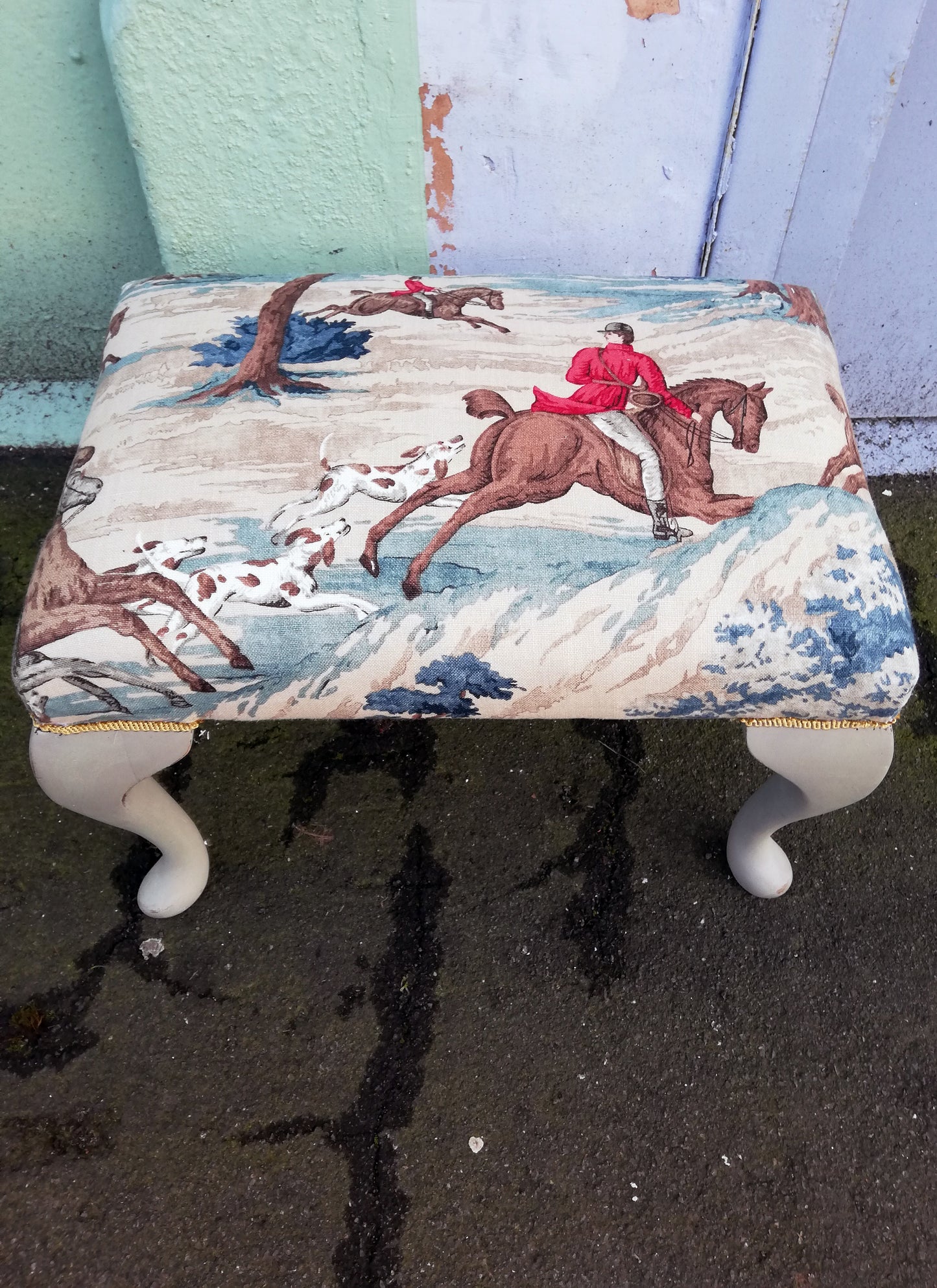 Stunning refurbished footstool in Linwood hunting fabric.