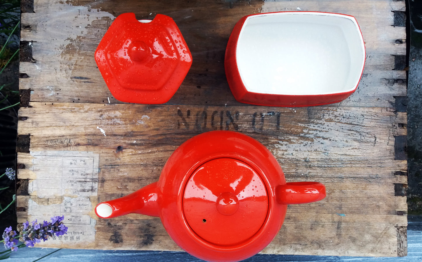 Tea and Jam! vintage red teapot butter dish and jam pot set