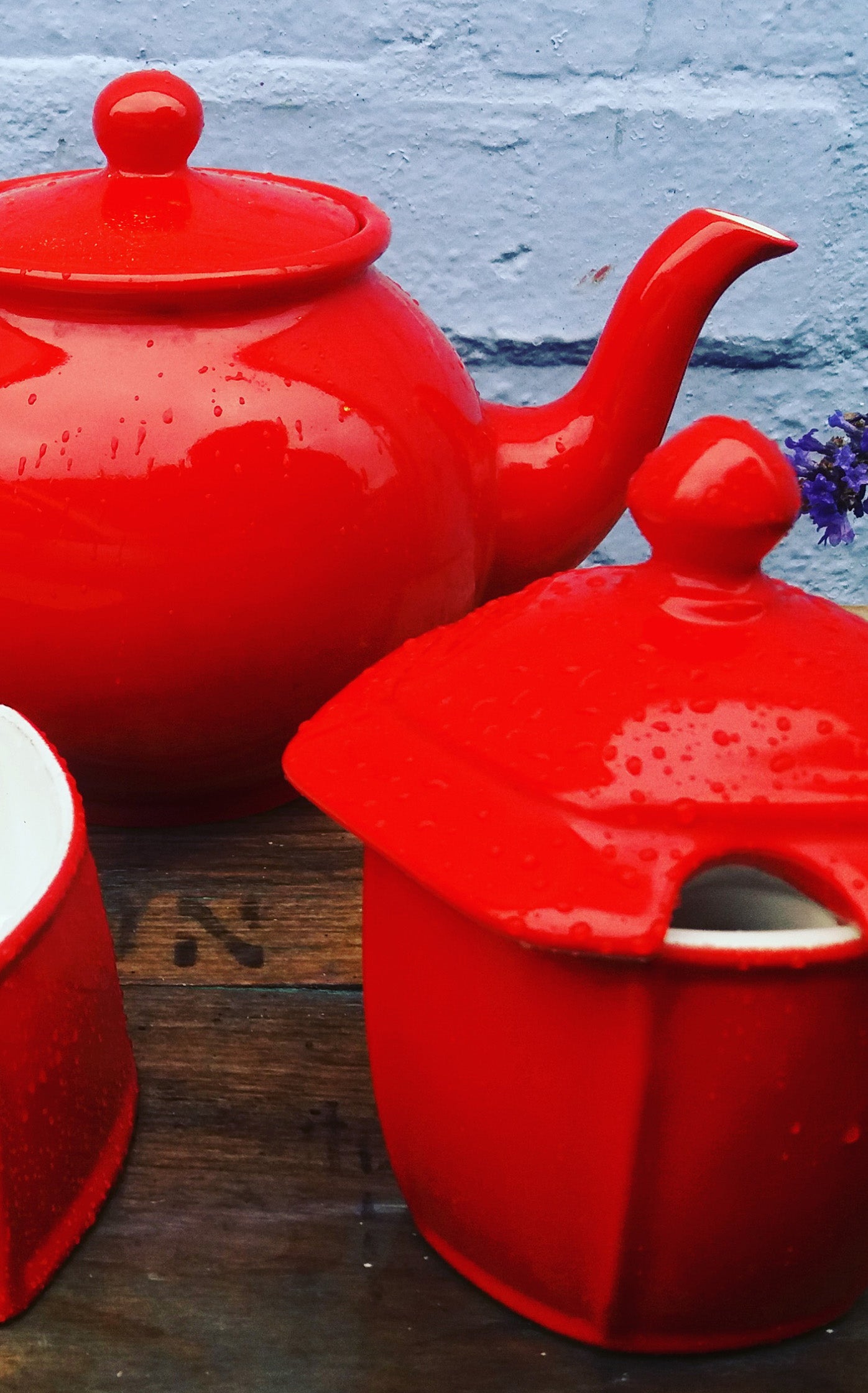 Tea and Jam! vintage red teapot butter dish and jam pot set
