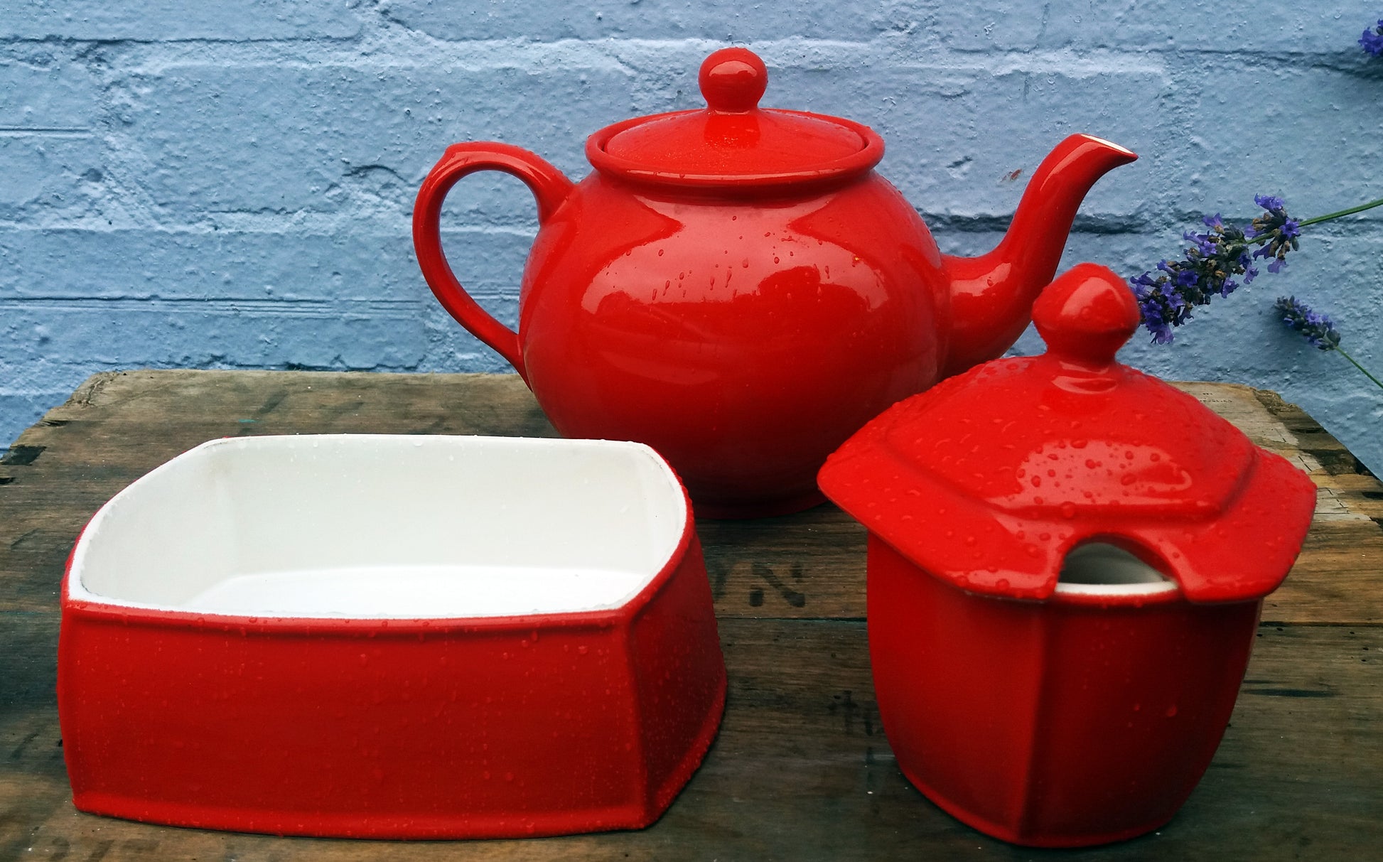 Tea and Jam! vintage red teapot butter dish and jam pot set