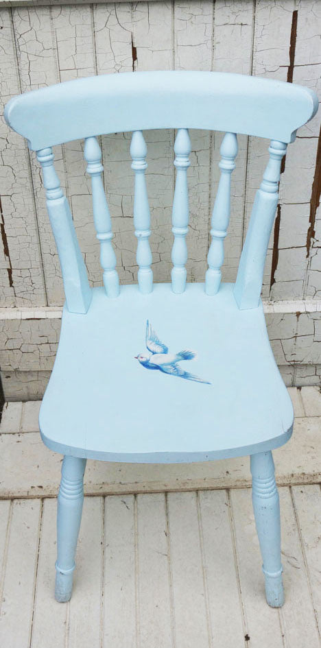Upcycled baby blue wooden child's nursery chair with vintage dove decoupage design