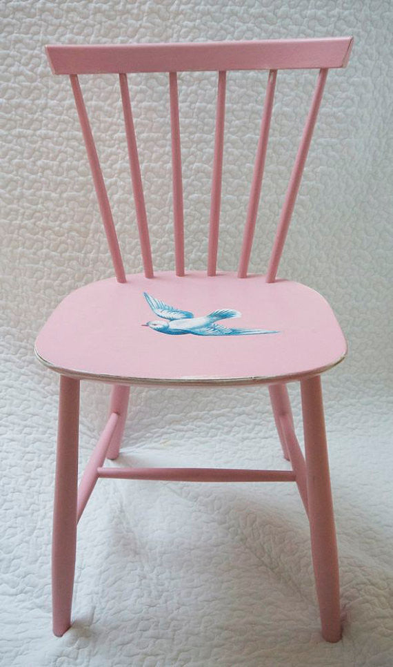 Upcycled baby pink wooden children's heirloom nursery chair with vintage dove design by Emily Rose Vintage