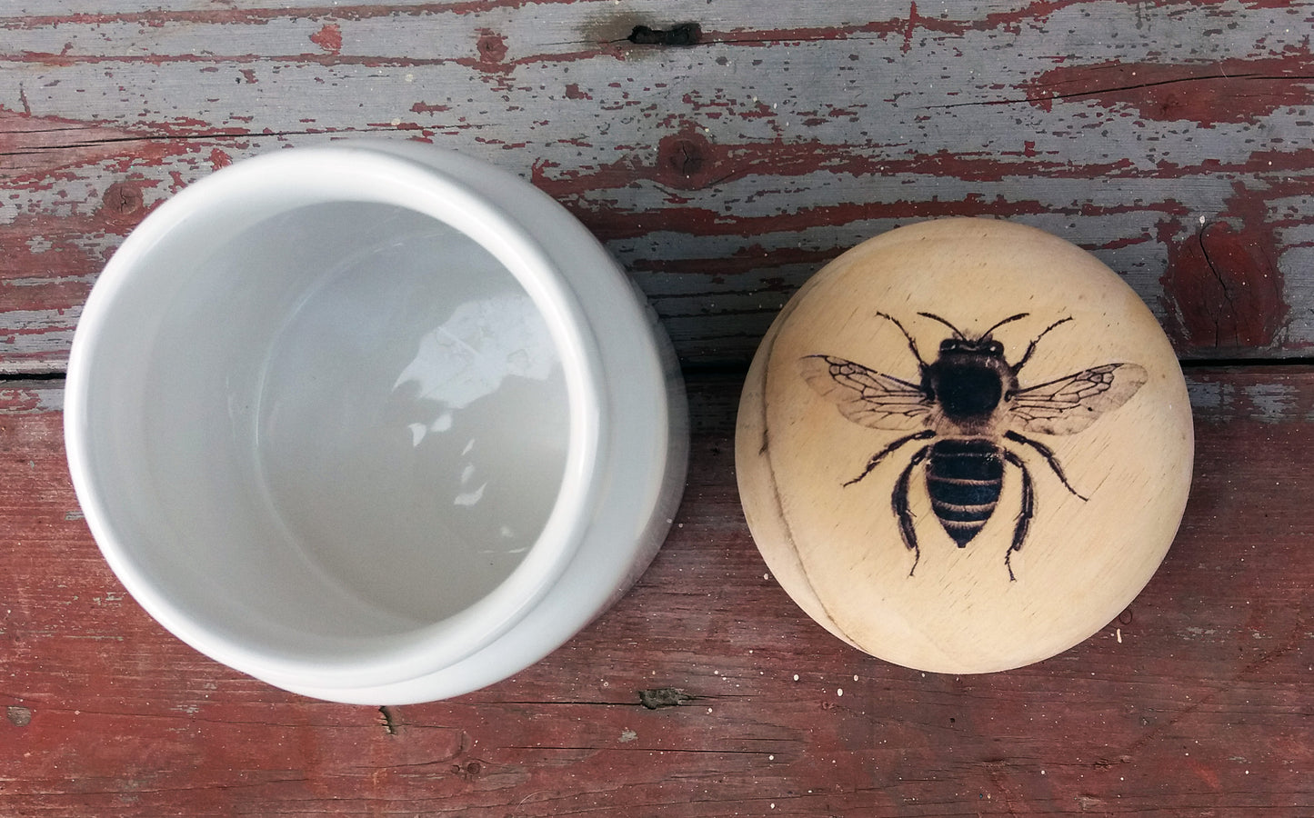 Upcycled kitchen storage pot ceramic and wood with bee design