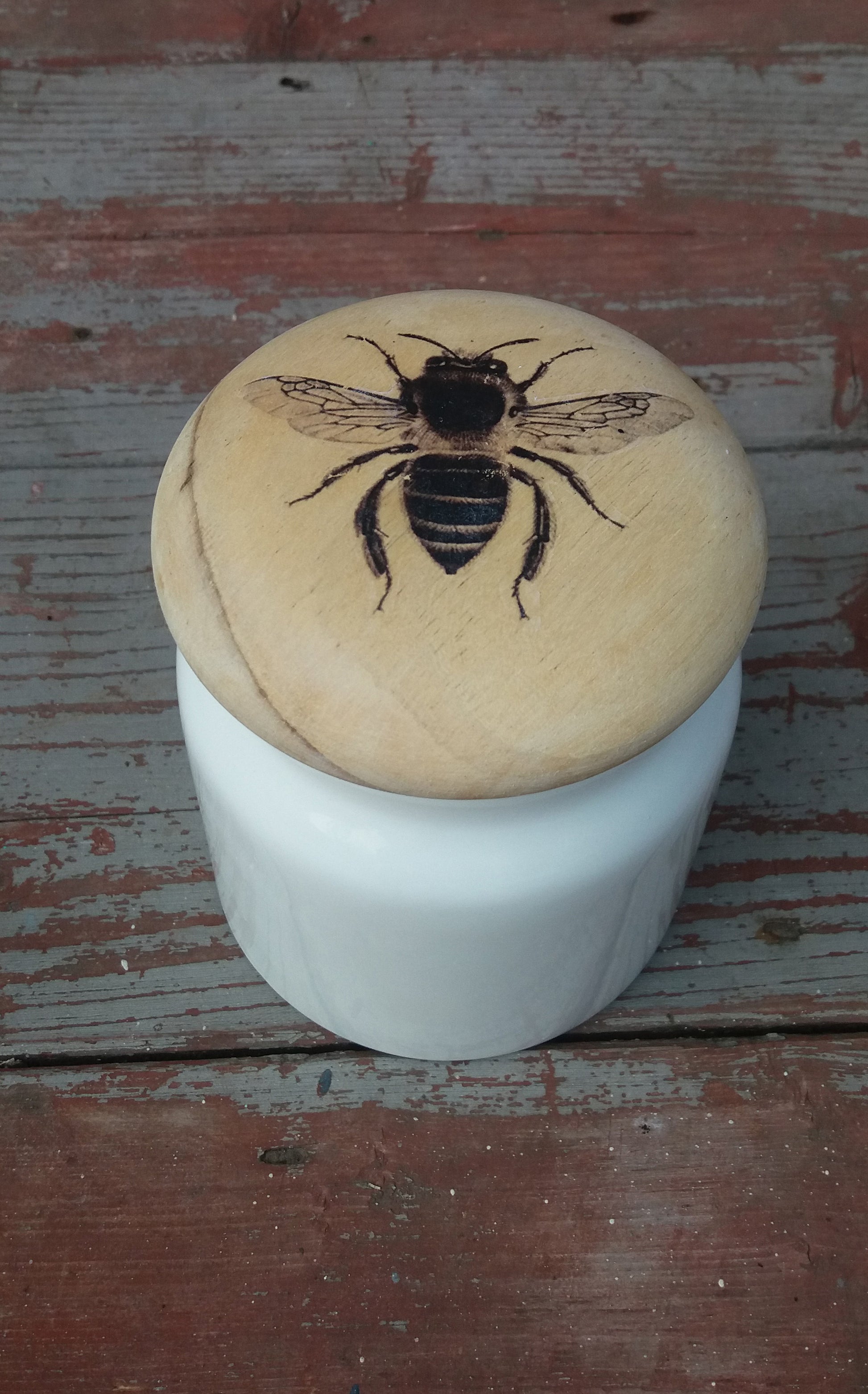 Upcycled kitchen storage pot ceramic and wood with bee design