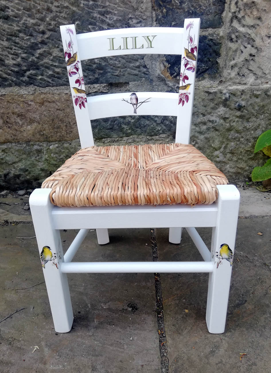 Rush seat personalised children's chair - birds on branches theme - made to order