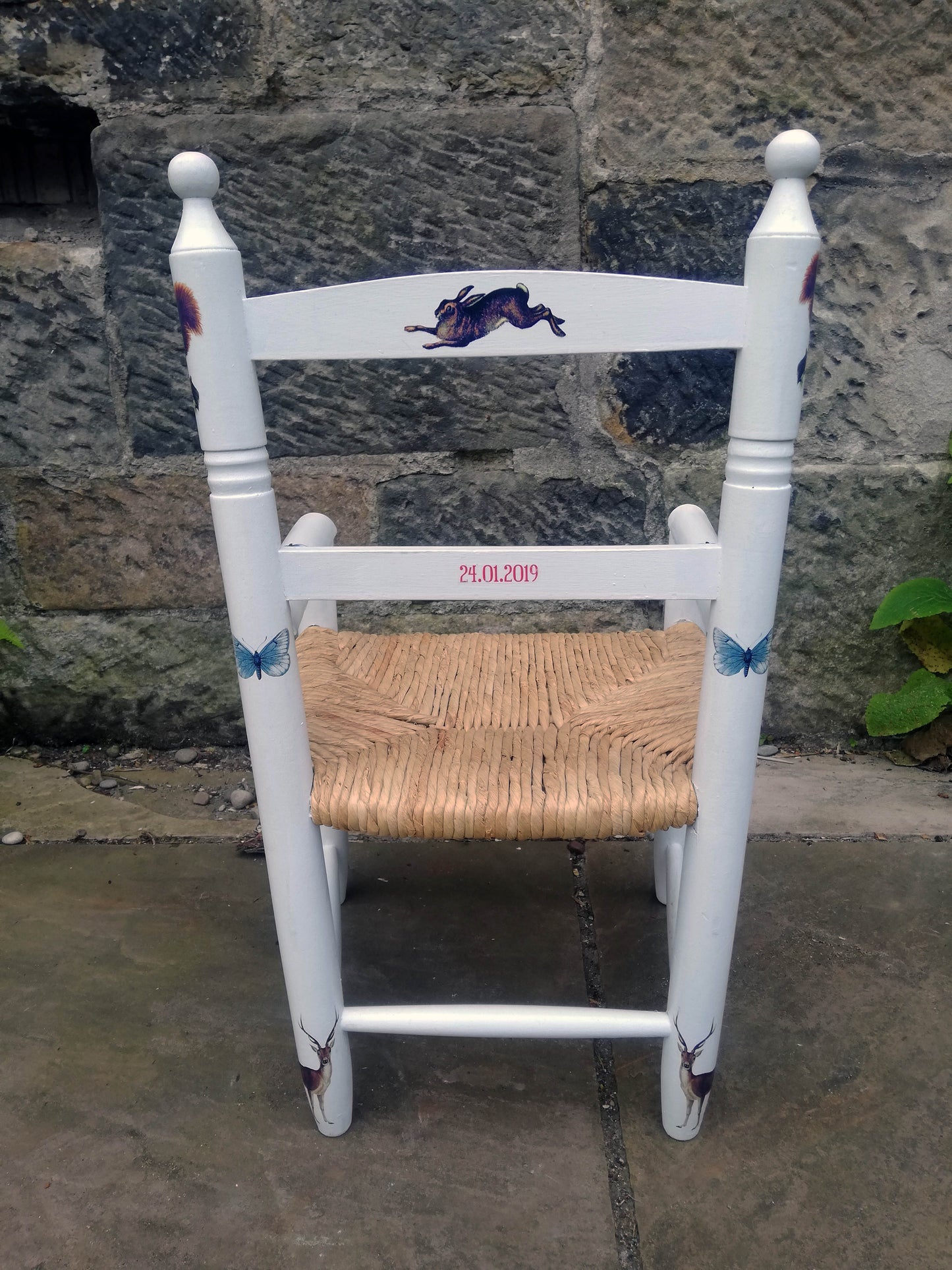 Upcycled rush seat personalised children's chair - vintage woodland theme - made to order