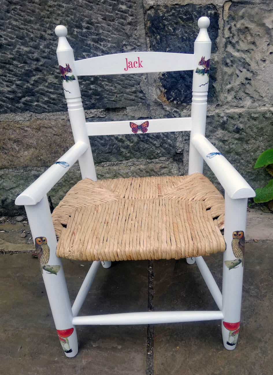 Upcycled rush seat personalised children's chair - vintage woodland theme - made to order