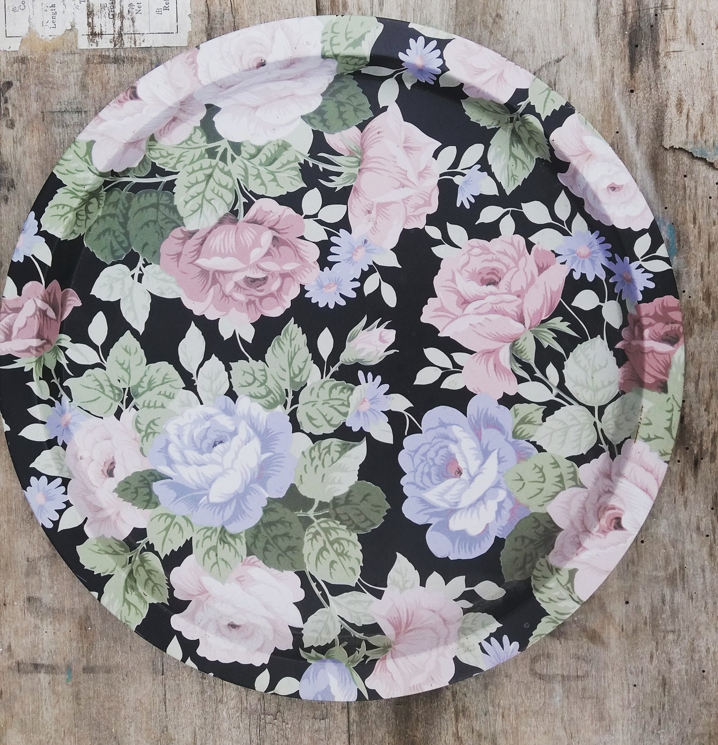 Vintage 1950's round floral black metal tray