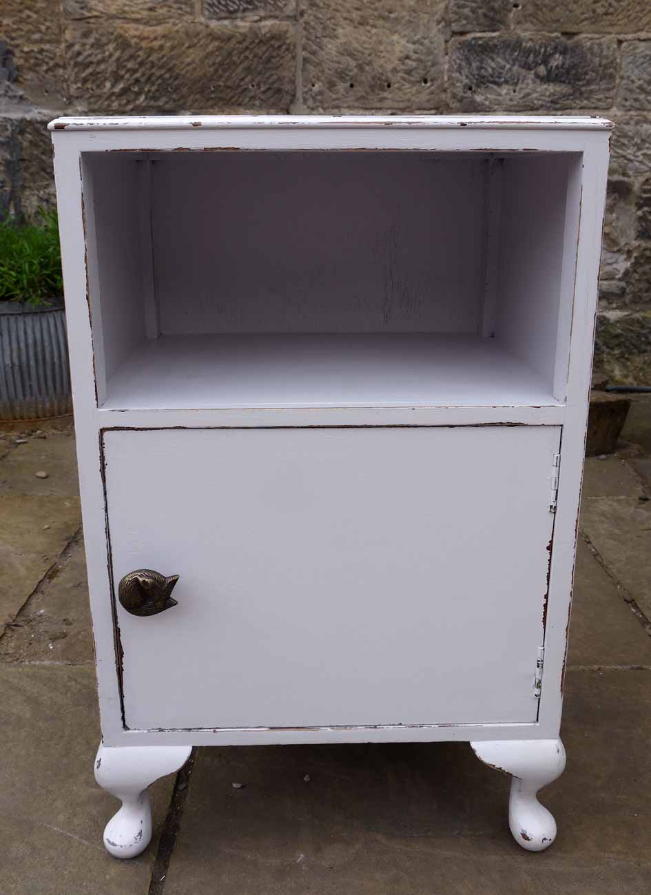 Vintage Bedside Cabinet painted in Fusion Mineral Paint Little Stork with fox handle