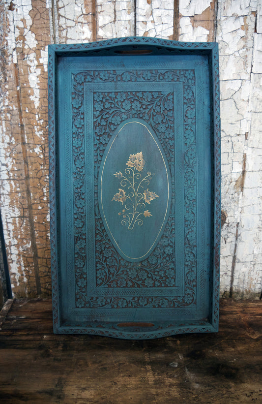 Vintage Carved Wooden Tray With Brass Inlay