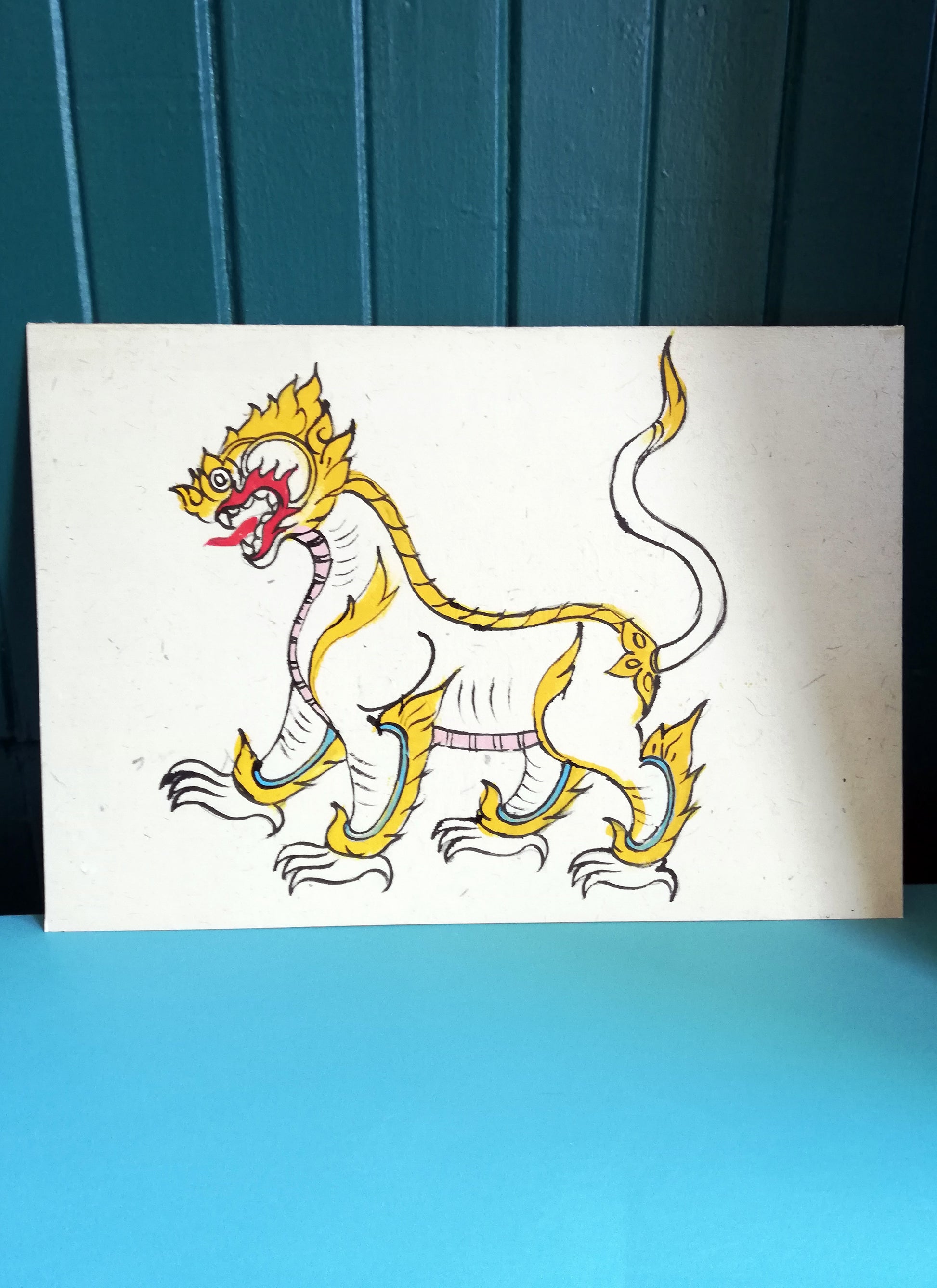 Vintage Chinese Dragon Ink drawing on handmade paper