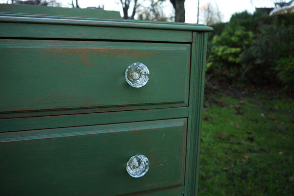 Vintage shabby chic green hand painted chest of drawers in miss Mustard Seed Milk Paint by Emily Rose Vintage