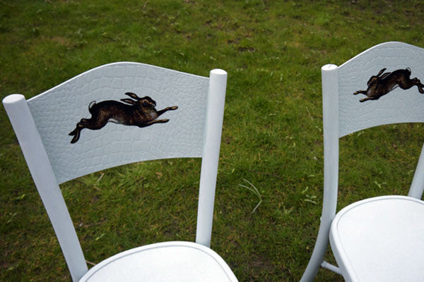Vintage chairs In Autentico Poetic with leaping Hare designby emily rose vintage