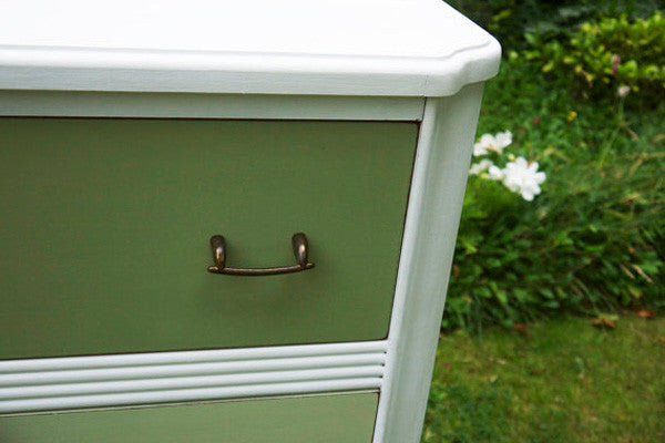 Vintage chest of drawers hand painted in tones of miss mustard seed milk paint lucketts green and Ironstone by Emily Rose Vintage
