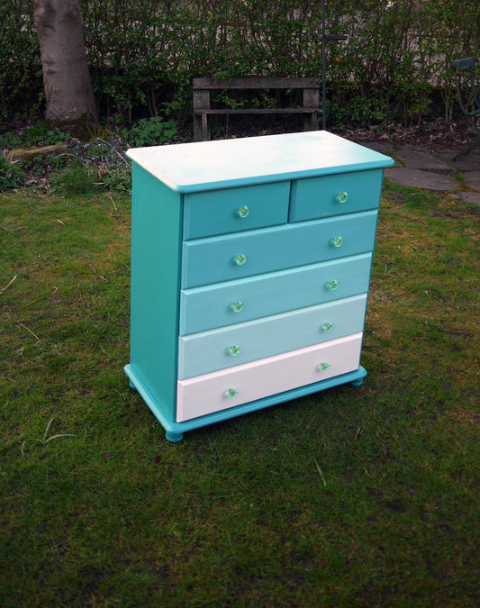 Vintage chest of drawers handpainted in shades of Teal with turqouise crystal handles