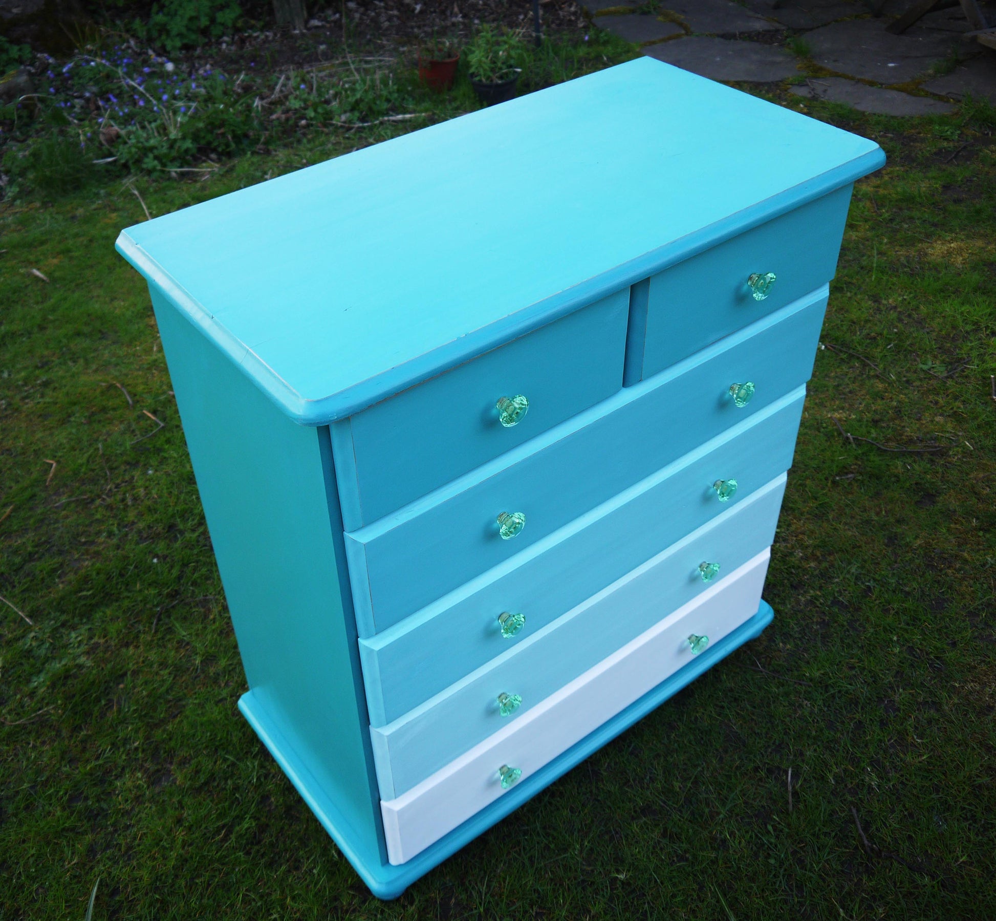 Vintage chest of drawers handpainted in shades of Teal with turqouise crystal handles