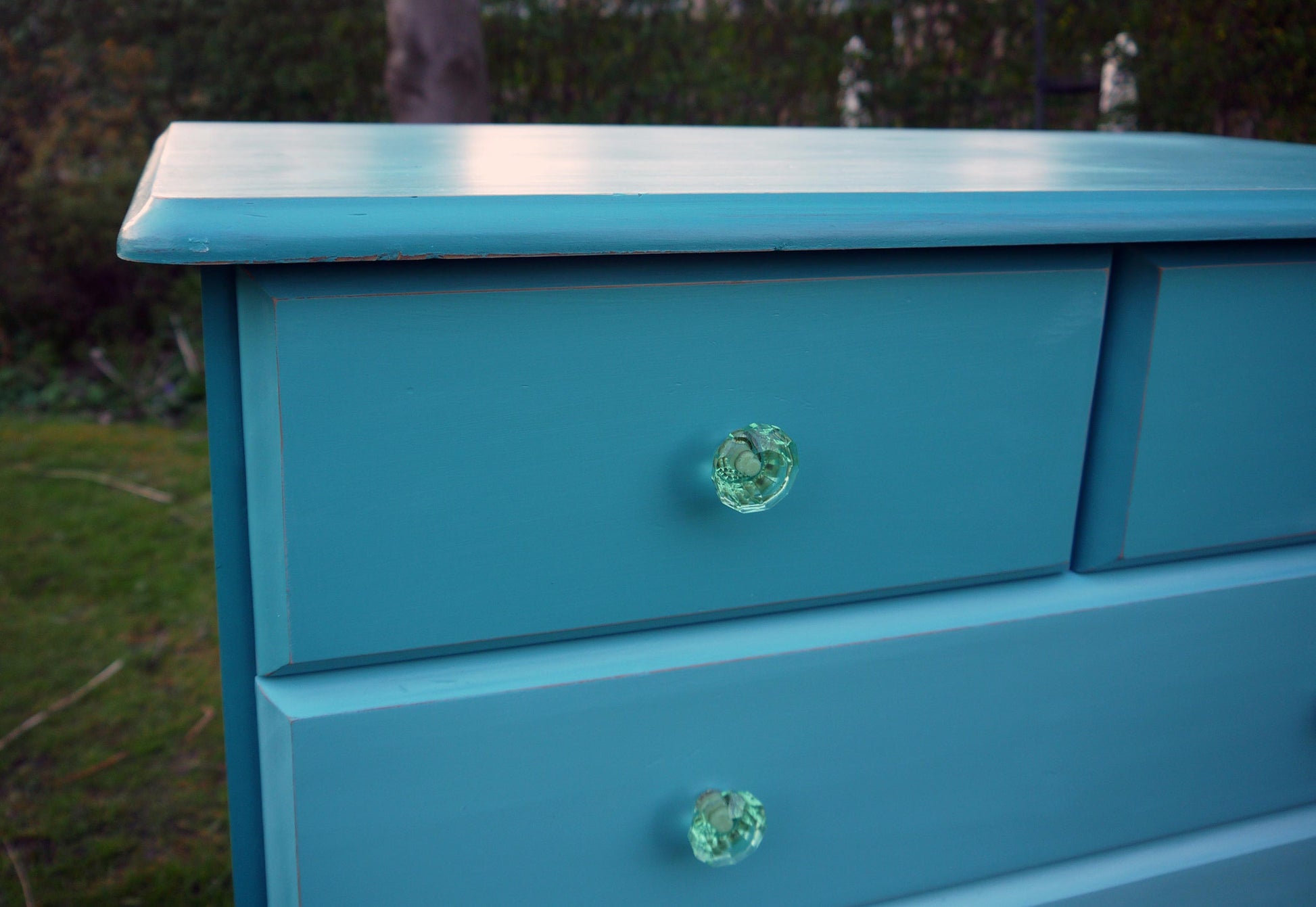 Vintage chest of drawers handpainted in shades of Teal with turqouise crystal handles