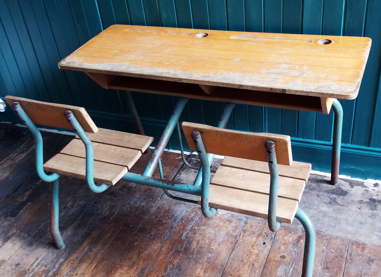 Vintage children's double school desk and chair set