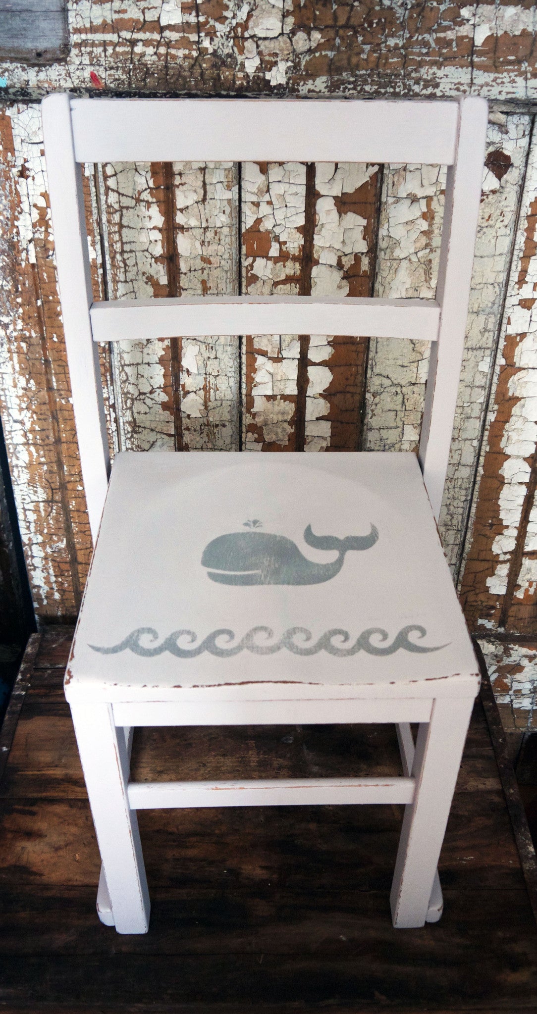 Vintage children's school chair painted and stencilled with Fusion Mineral Paint and a cute whale design