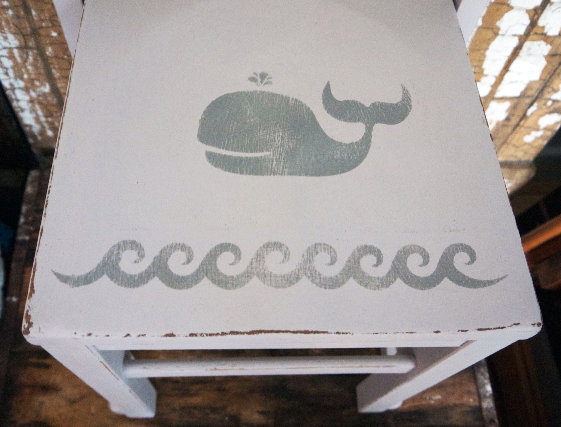 Vintage children's school chair painted and stencilled with Fusion Mineral Paint and a cute whale design